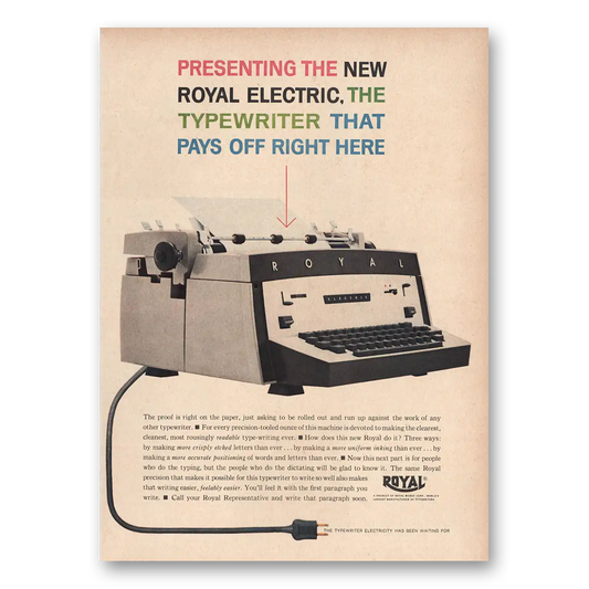 1960 Royal Typewriter Pays Off Right Here Vintage Magazine Print Ad