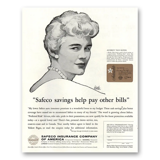 1960 Safeco Insurance Audrey Van Riper Vintage Magazine Print Ad