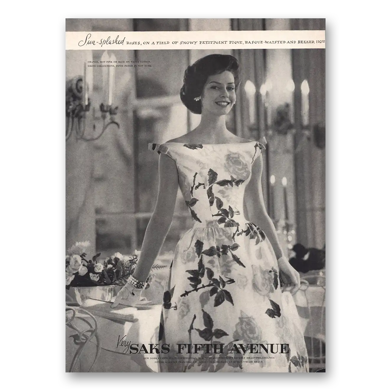 1960 Saks Fifth Avenue Sun Splashed Roses Dress Vintage Magazine Print Ad