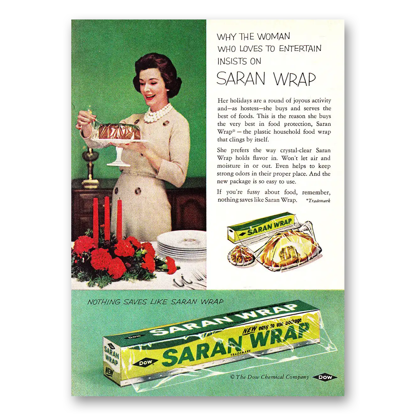 1960 Saran Wrap Woman Who Loves to Entertain Vintage Magazine Print Ad