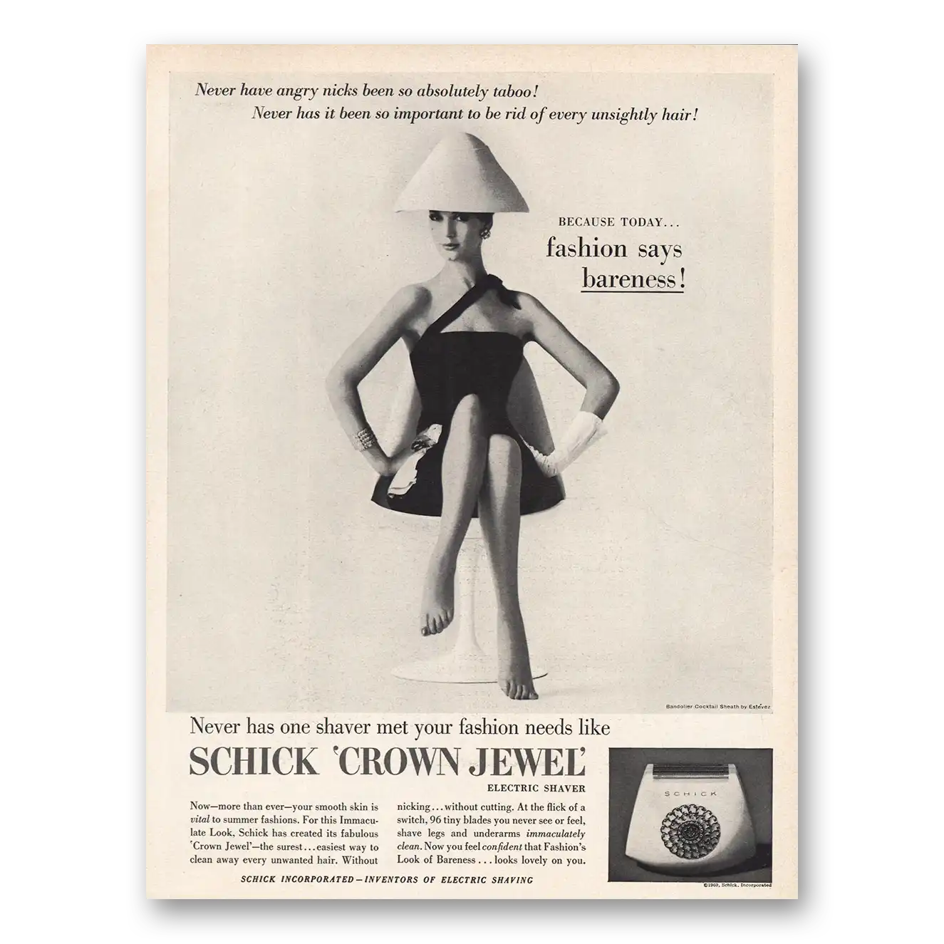 1960 Schick Crown Jewel Electric Shaver Fashion Says Bareness Vintage Magazine Print Ad