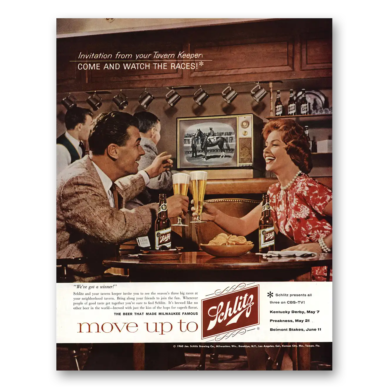 1960 Schlitz Beer Come and Watch the Races Vintage Magazine Print Ad