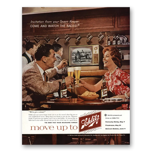 1960 Schlitz Beer Come and Watch the Races Vintage Magazine Print Ad