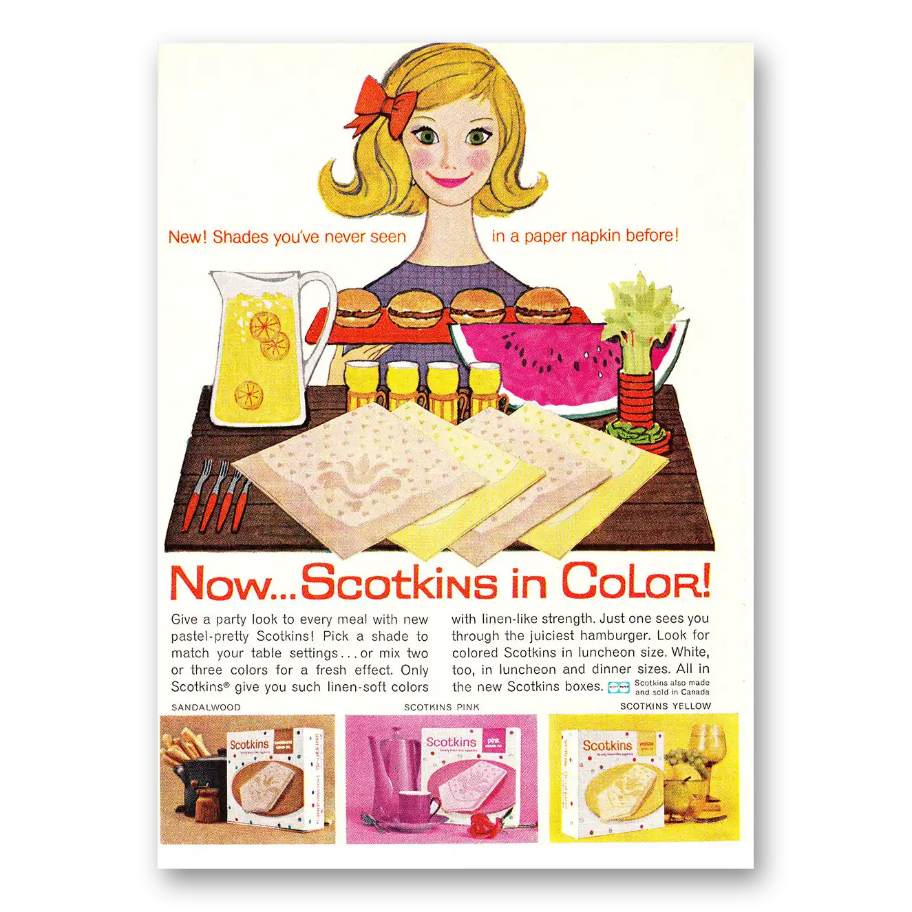 1960 Scotkins Paper Napkin In Color Vintage Magazine Print Ad