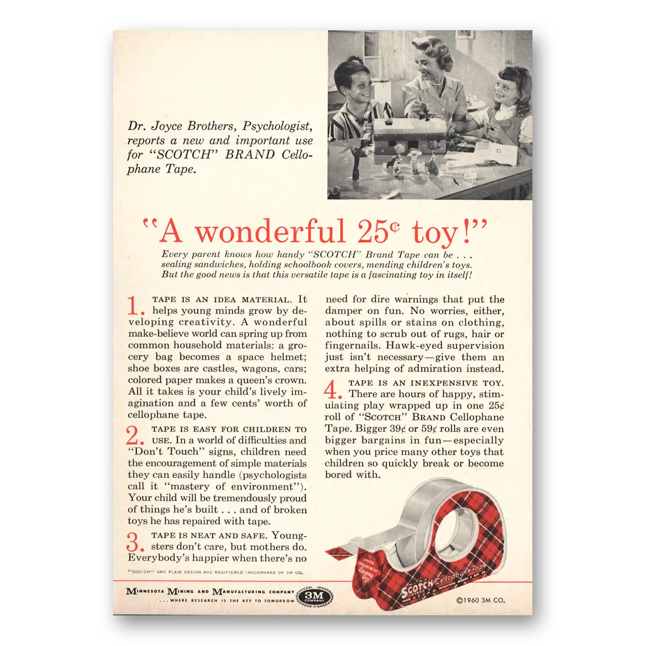 1960 Scotch Tape Wonderful 25 Cent Toy Dr Joyce Brothers Vintage Magazine Print Ad