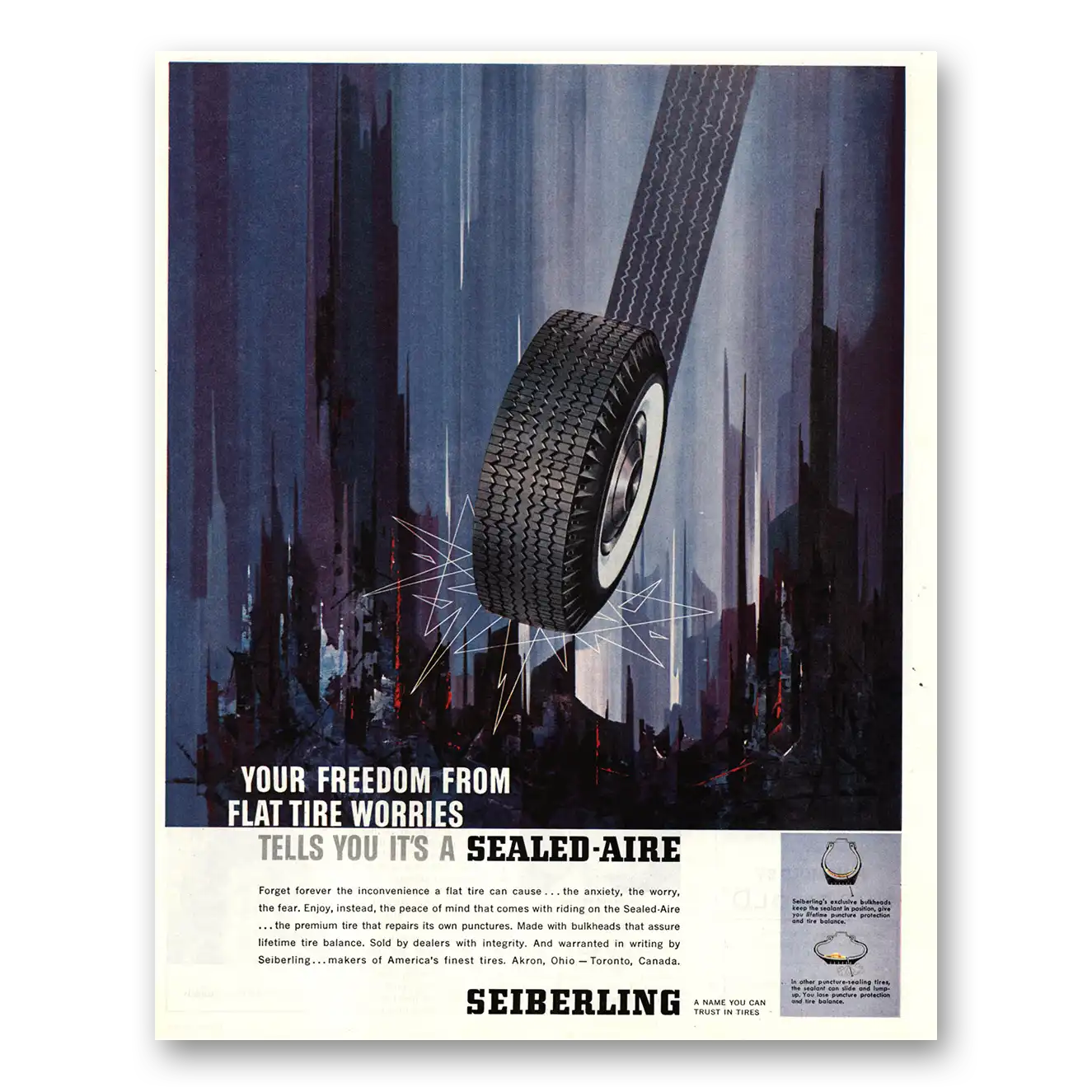 1960 Seiberling Tires Freedom From Flat Tire Worries Vintage Magazine Print Ad