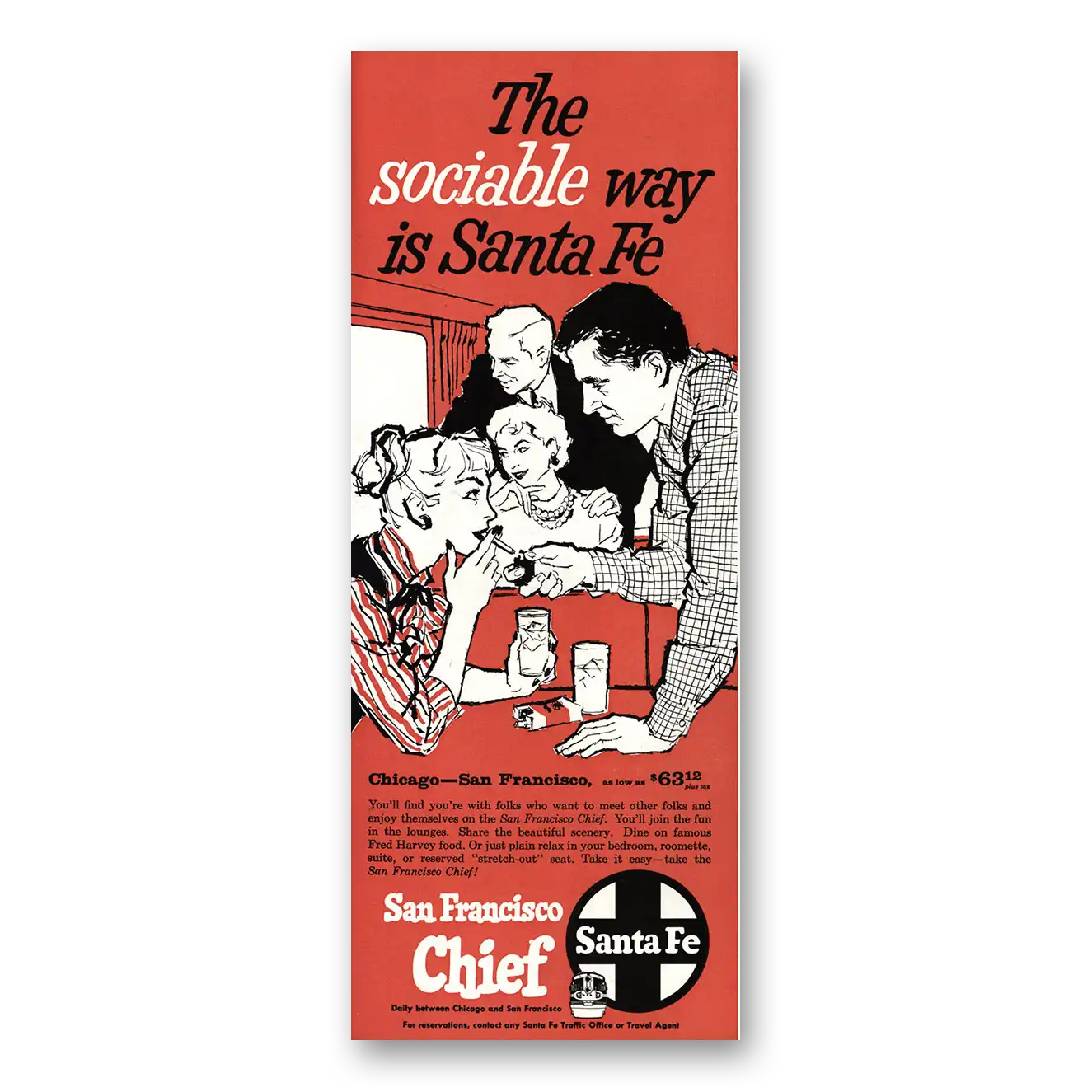 1960 Santa Fe Railway Sociable Way Vintage Magazine Print Ad