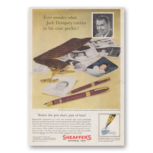 1958 Sheaffers Snorkel Pen Ever Wonder What Jack Dempsey Carries Vintage Magazine Print Ad