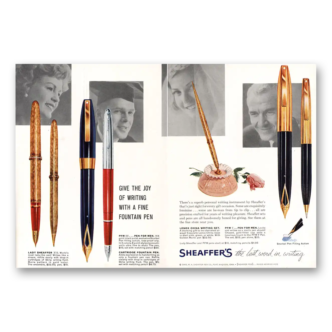 1960 Sheaffers Fountain Pen Give the Joy of Writing With a Fine Fountain Pen Vintage Magazine Print Ad