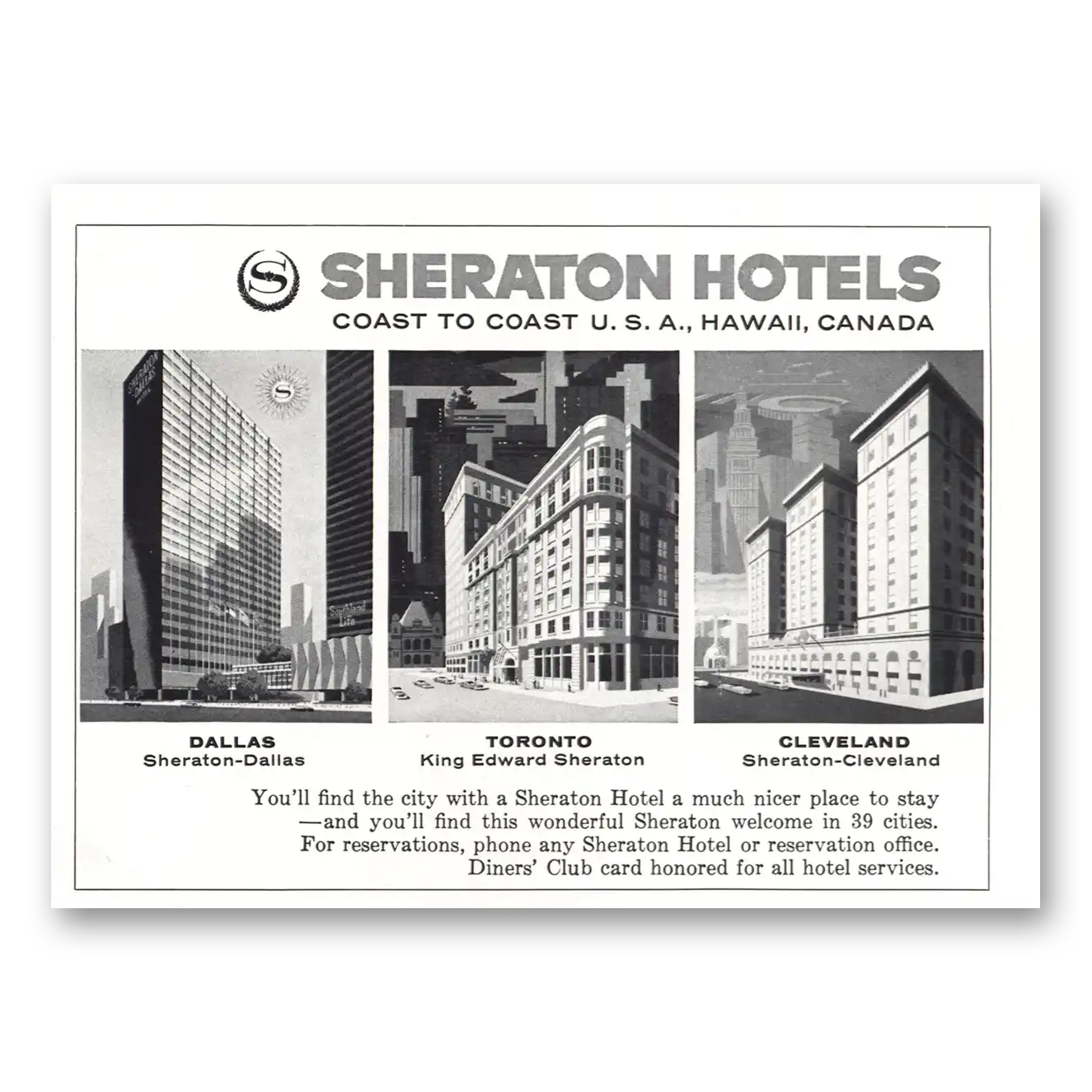 1960 Sheraton Hotels Dallas Toronto Cleveland Vintage Magazine Print Ad