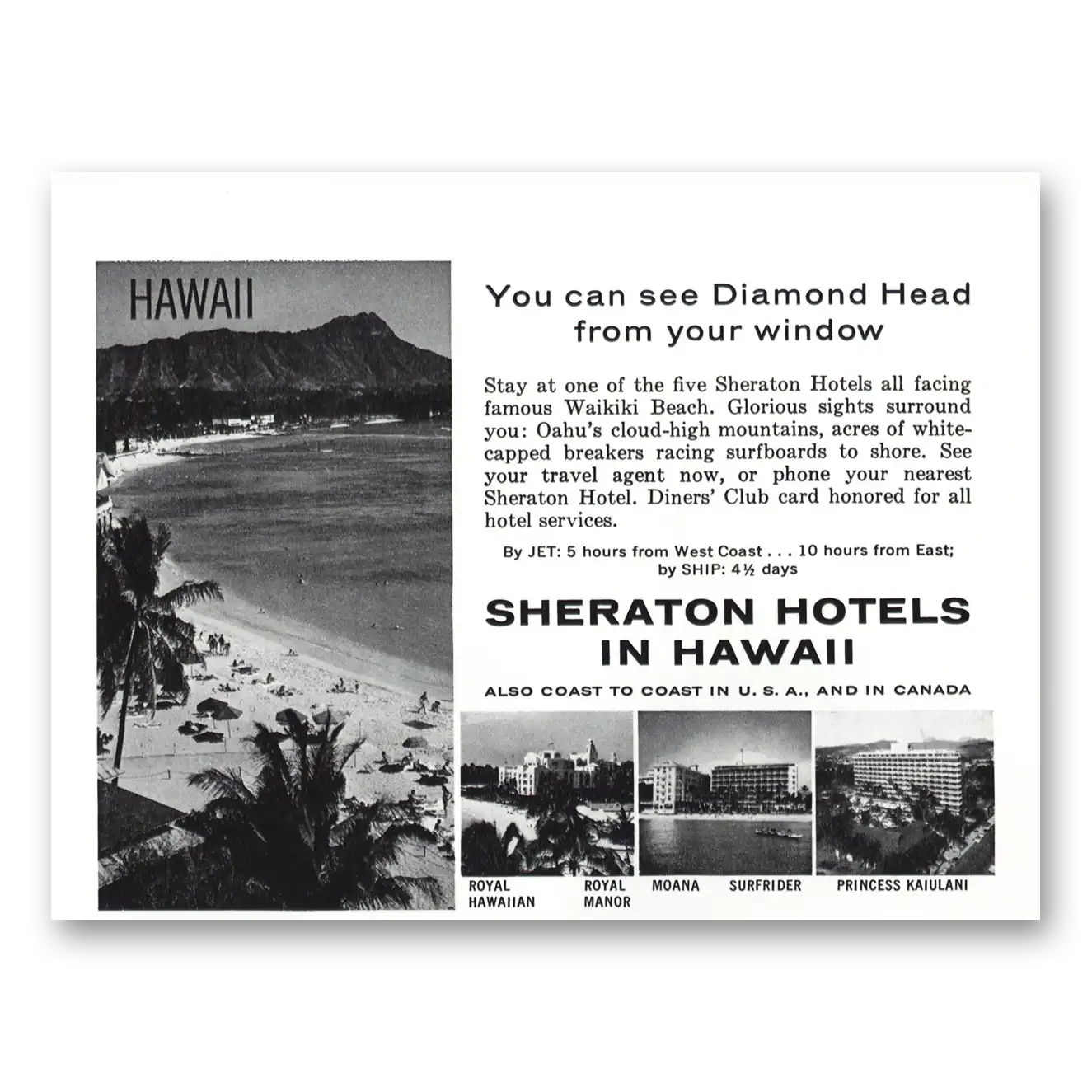 1960 Sheraton Hotels Hawaii See Diamond Head From Your Window Vintage Magazine Print Ad