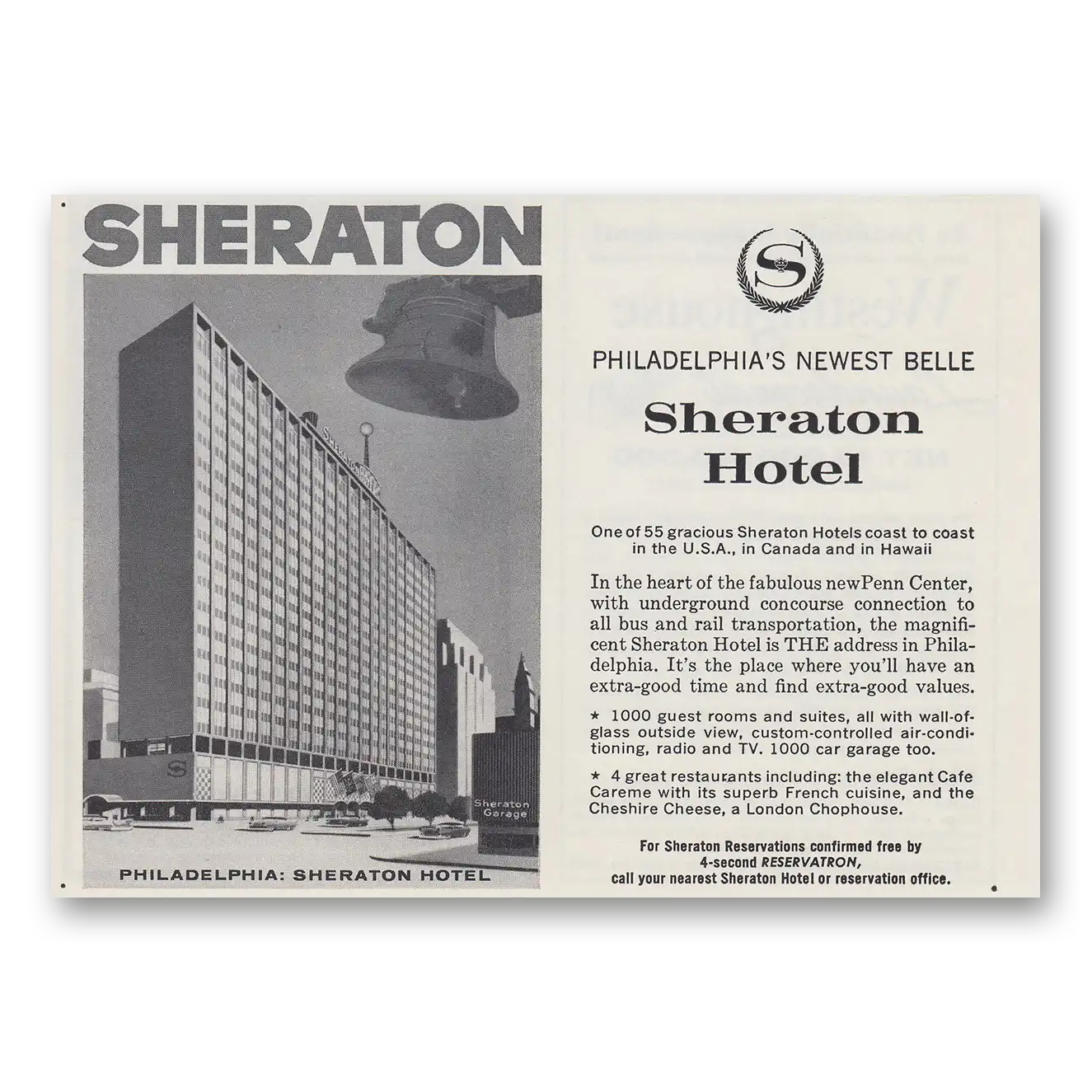 1960 Sheraton Philadelphia Hotel Newest Belle Vintage Magazine Print Ad