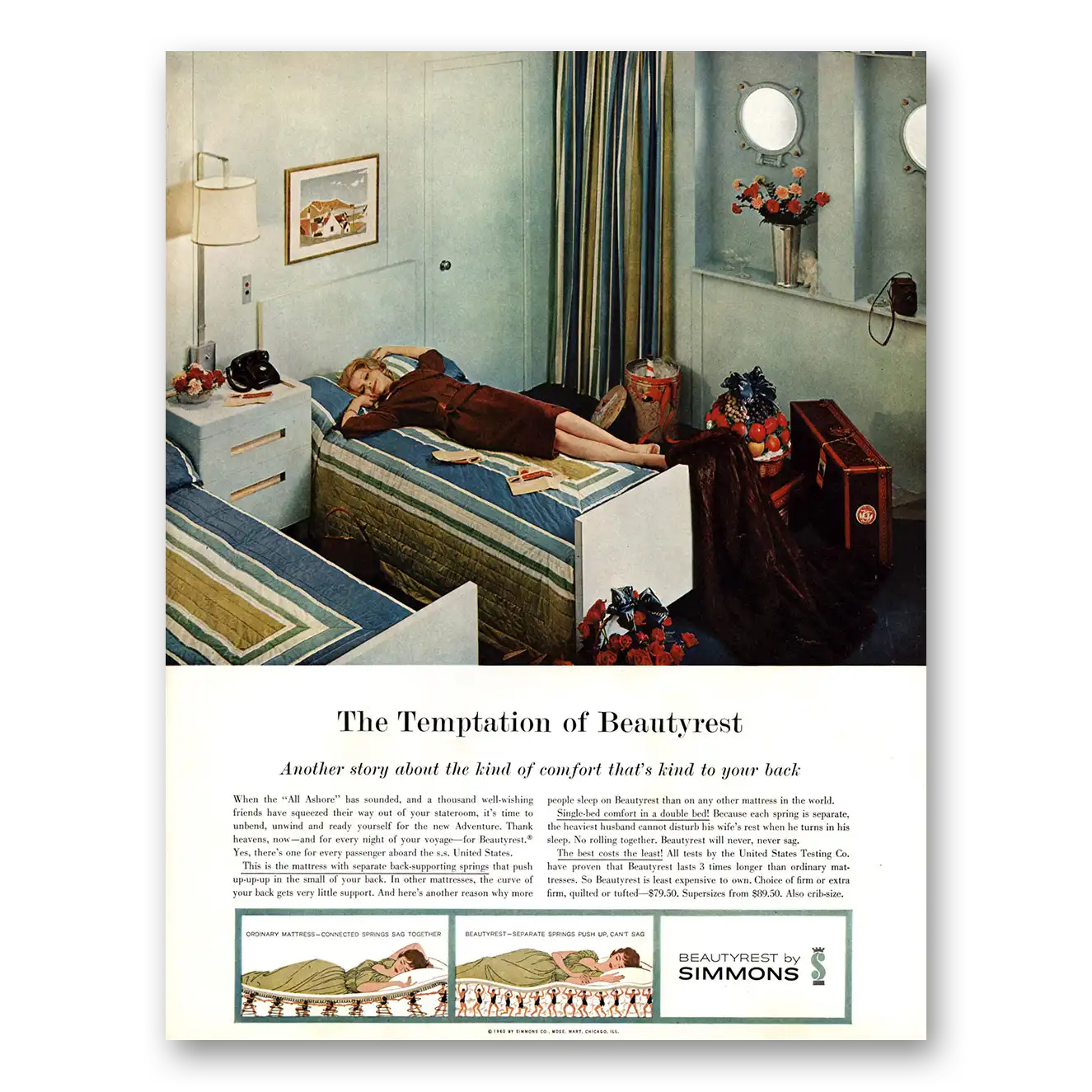 1960 Simmons Beautyrest Temptation of Beautyrest Stripes Vintage Magazine Print Ad