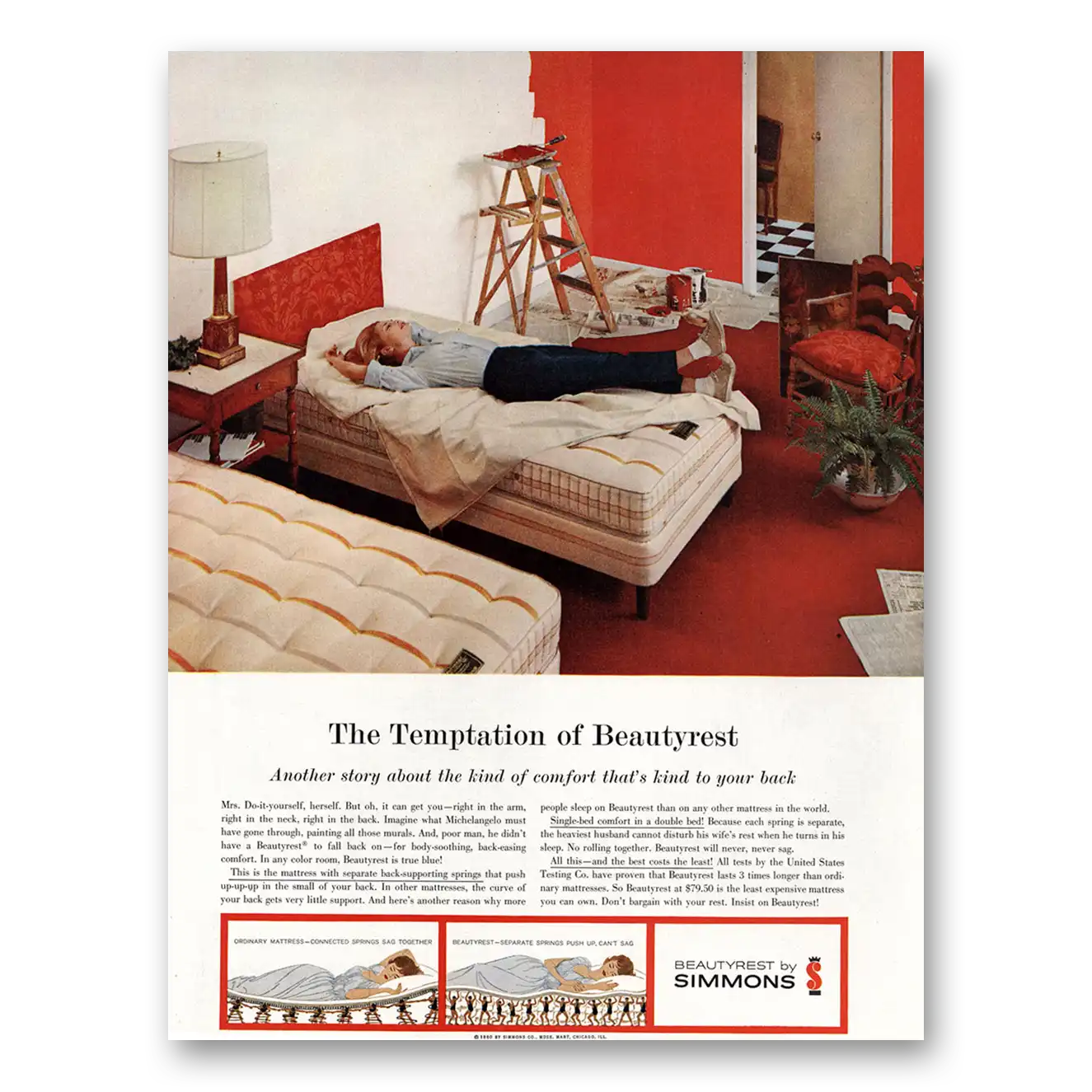 1960 Simmons Beautyrest Temptation Vintage Magazine Print Ad