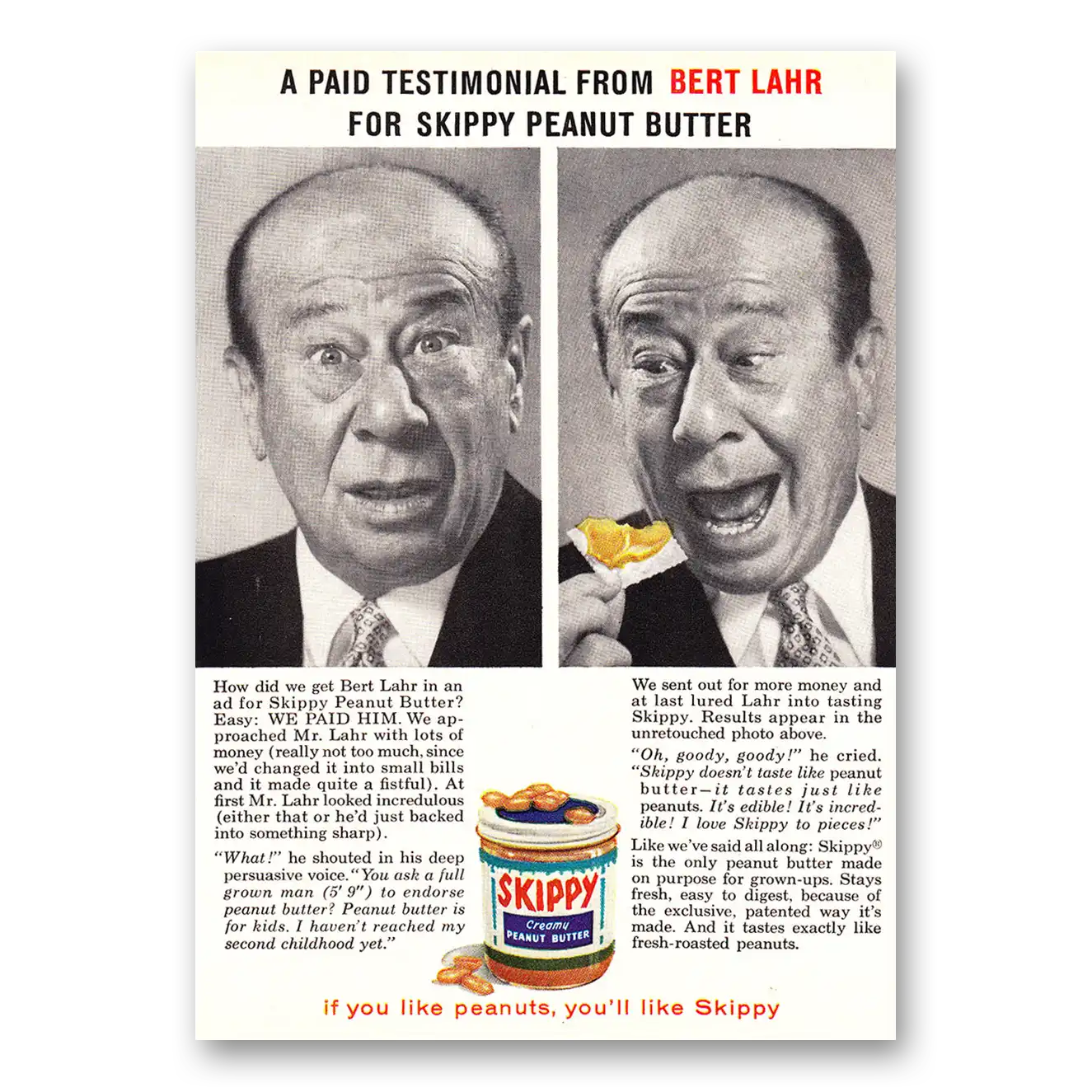 1960 Skippy Peanut Butter Bert Lahr Vintage Magazine Print Ad