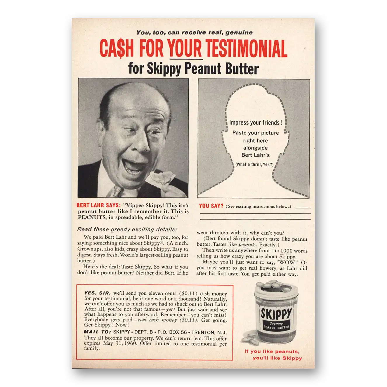 1960 Skippy Peanut Butter Cash for Your Testimonial Bert Lahr Vintage Magazine Print Ad