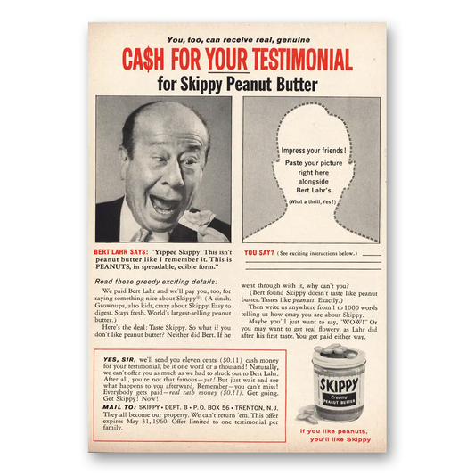 1960 Skippy Peanut Butter Cash for Your Testimonial Bert Lahr Vintage Magazine Print Ad