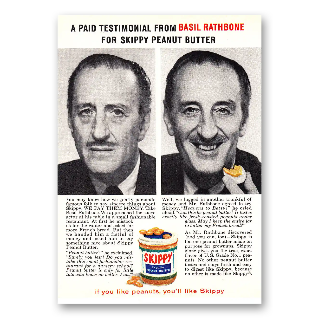 1960 Skippy Peanut Butter Basil Rathbone Vintage Magazine Print Ad