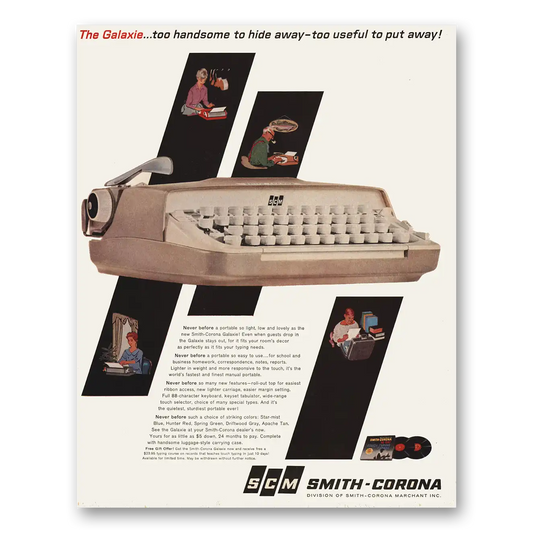 1960 Smith Corona Typewriters Galaxie Too Handsome to Hide Away Vintage Magazine Print Ad