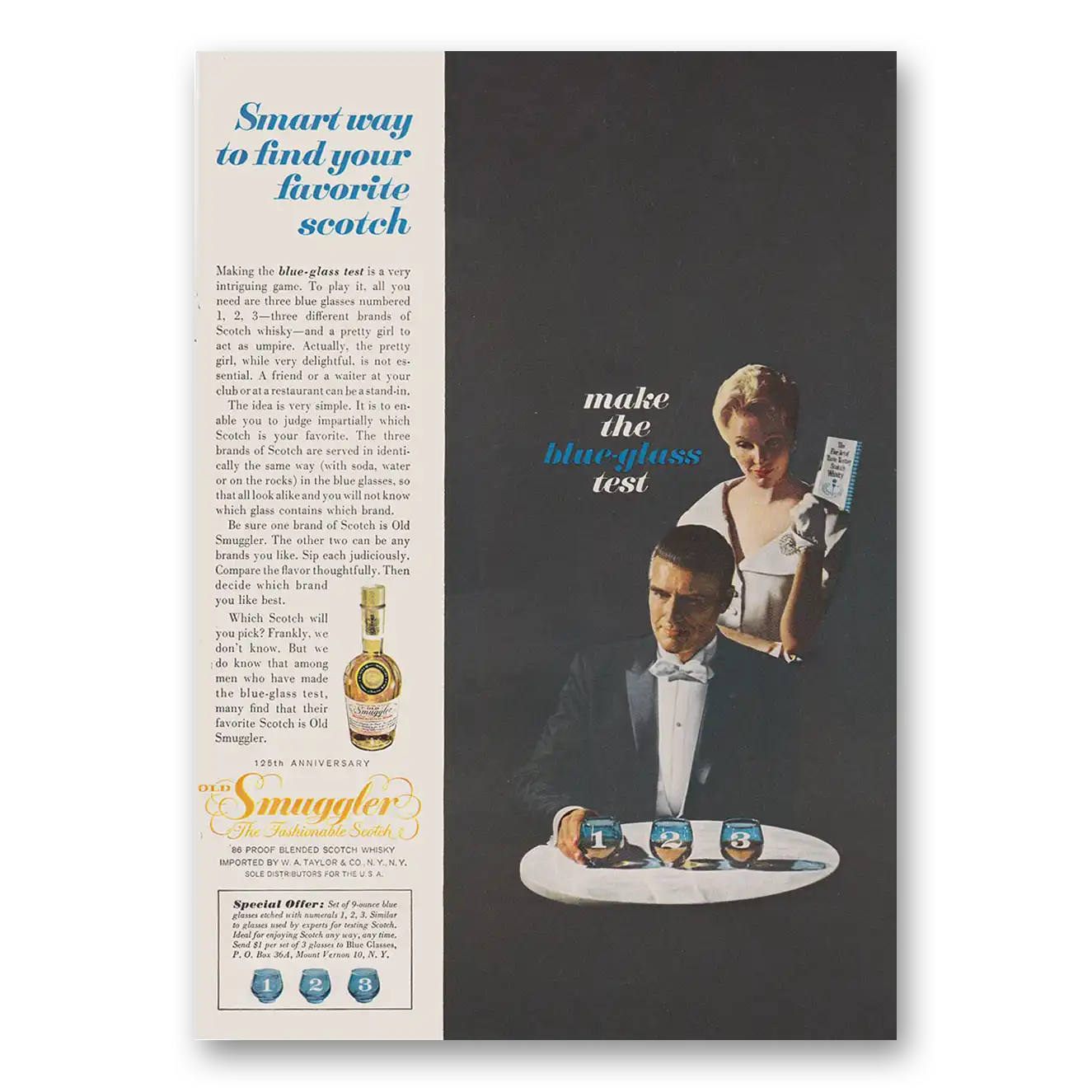 1960 Old Smuggler Scotch Whisky Make the Blue Glass Test Vintage Magazine Print Ad