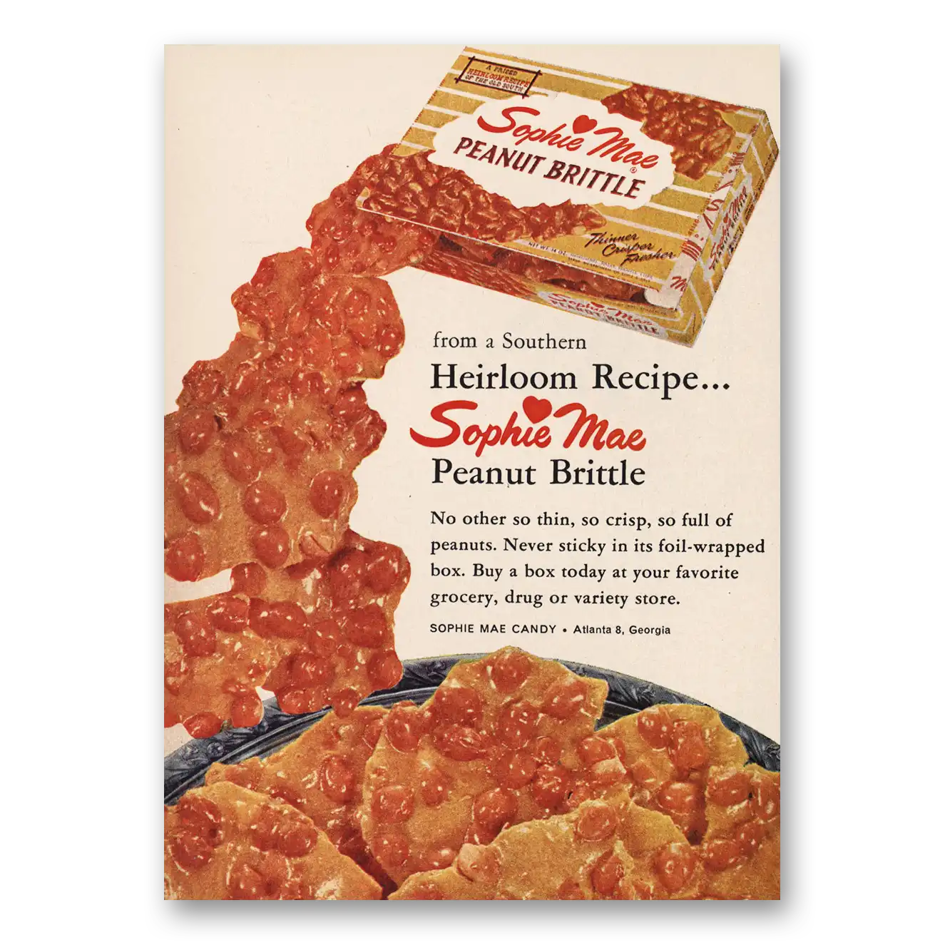 1960 Sophie Mae Peanut Brittle Heirloom Recipe Vintage Magazine Print Ad