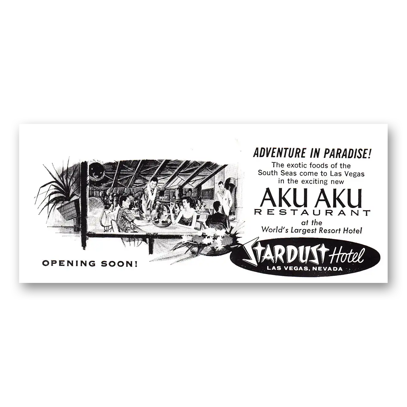 1960 Stardust Hotel Aku Aku Restaurant Adventure in Paradise Vintage Magazine Print Ad