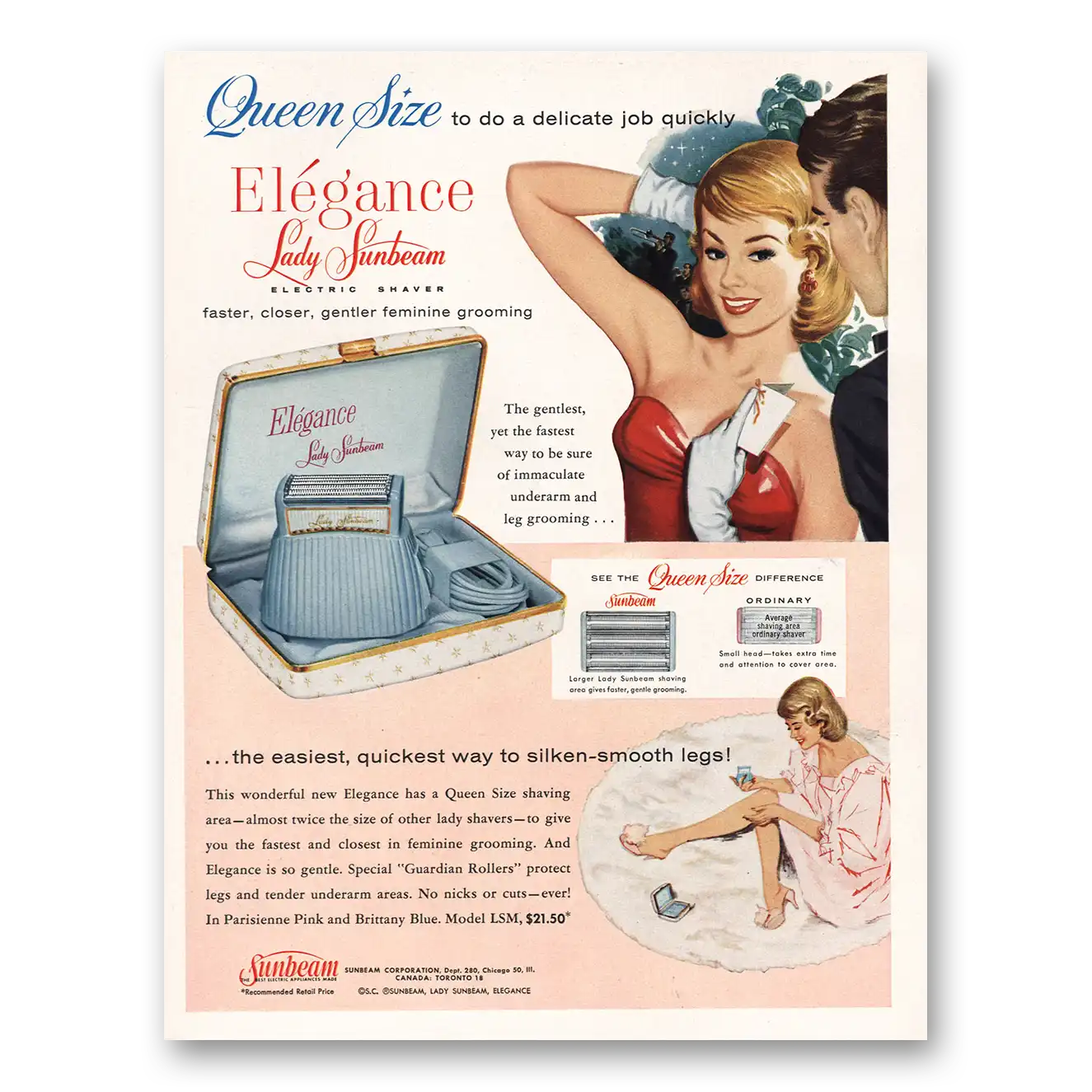 1960 Lady Sunbeam Shaver Queen Size Elegance Vintage Magazine Print Ad