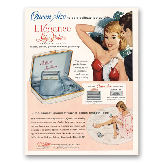 1960 Lady Sunbeam Shaver Queen Size Elegance Vintage Magazine Print Ad