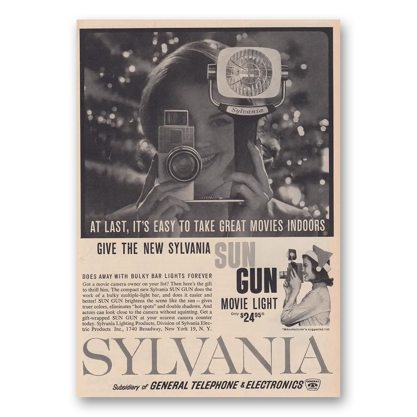 1960 Sylvania Sun Gun Movie Light Take Great Movies Indoors Vintage Magazine Print Ad