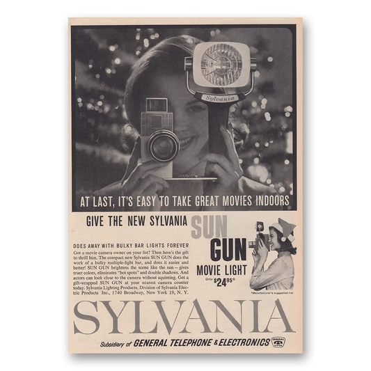 1960 Sylvania Sun Gun Movie Light Take Great Movies Indoors Vintage Magazine Print Ad