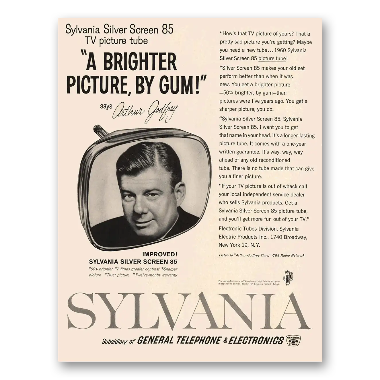 1960 Sylvania Televisions Brighter Picture By Gum Arthur Godfrey Vintage Magazine Print Ad