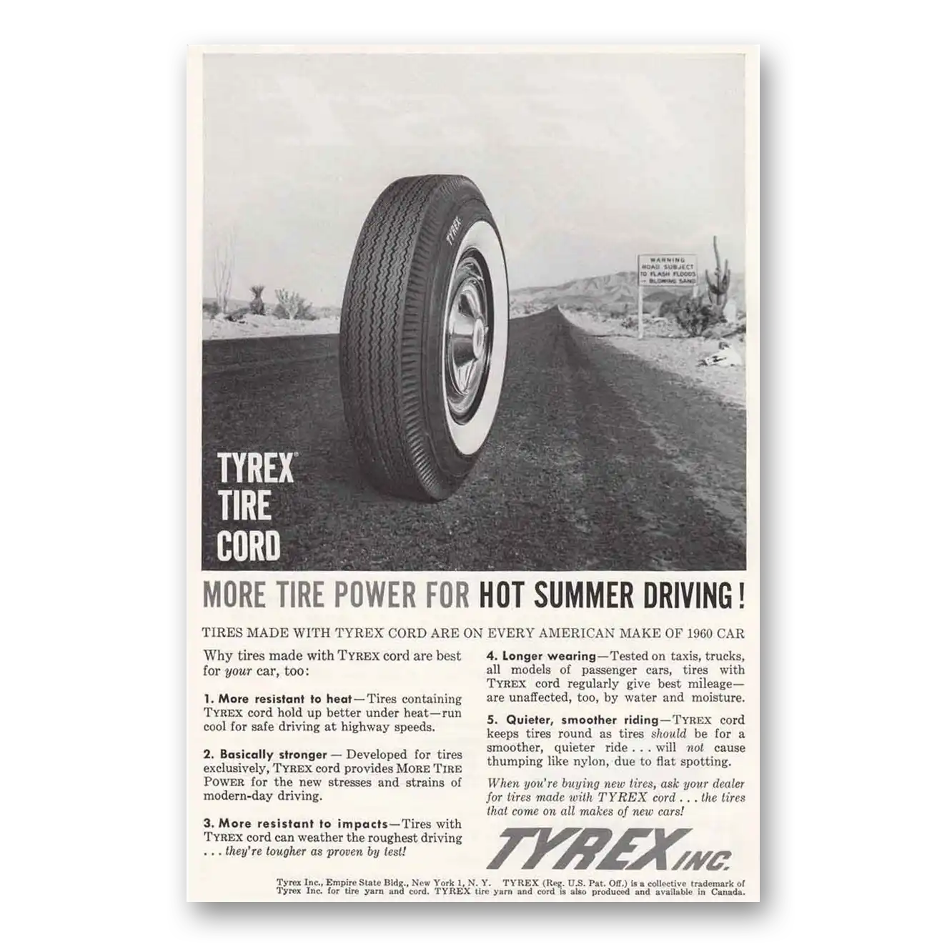 1960 Tyrex Tires Hot Summer Driving Vintage Magazine Print Ad