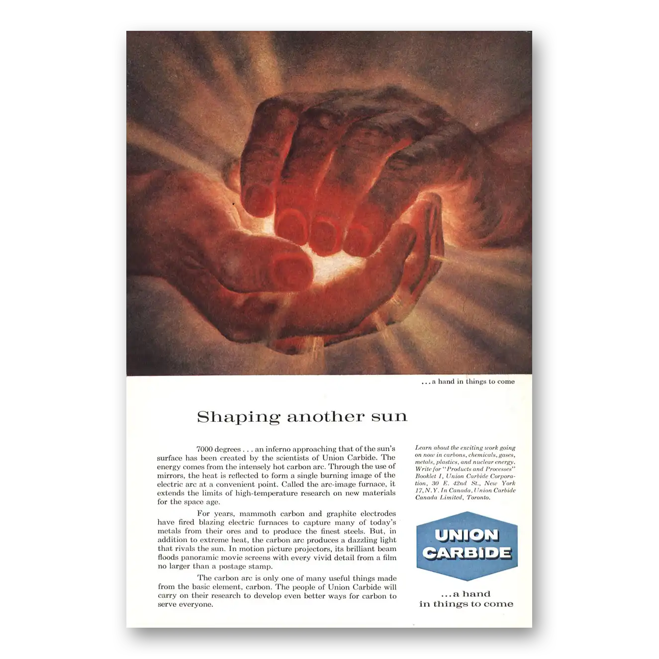 1960 Union Carbide Shaping Another Sun Vintage Magazine Print Ad