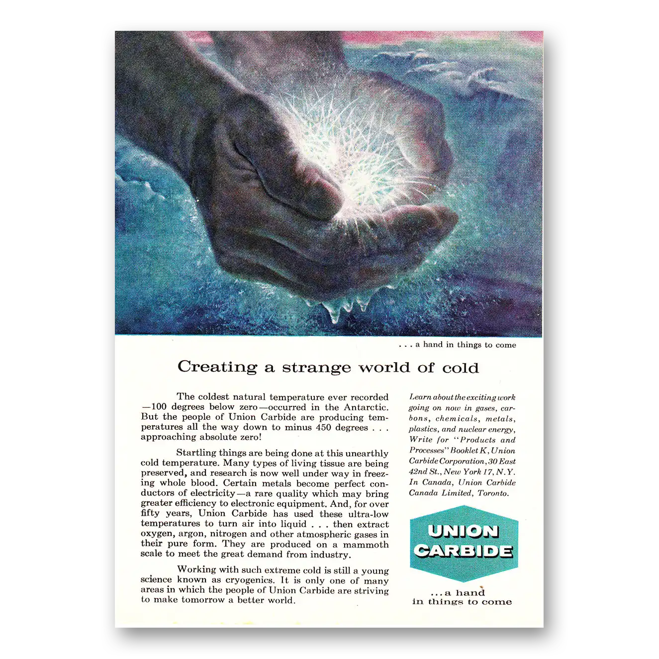 1960 Union Carbide Creating a Strange World of Cold Vintage Magazine Print Ad