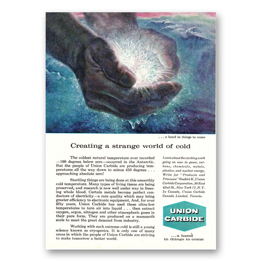 1960 Union Carbide Creating a Strange World of Cold Vintage Magazine Print Ad