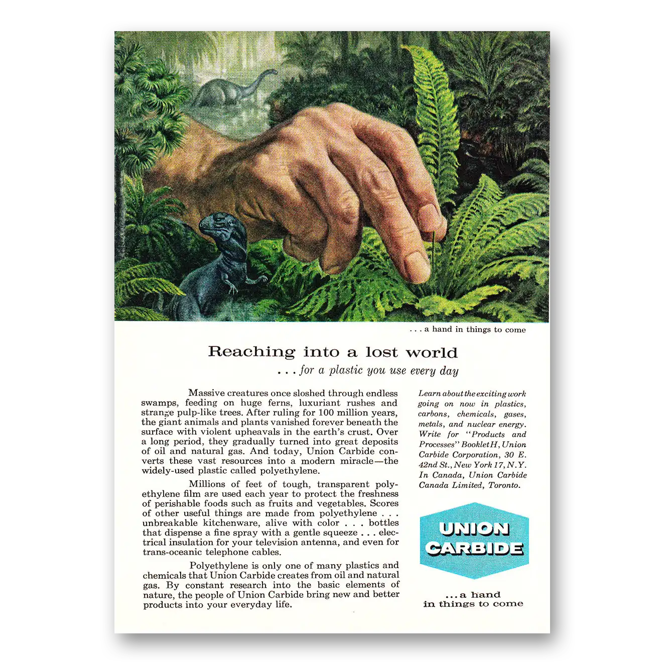 1960 Union Carbide Reaching Into a Lost World Vintage Magazine Print Ad