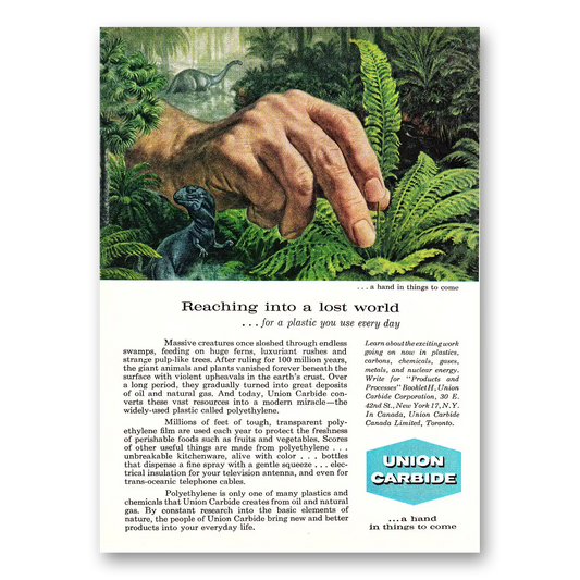 1960 Union Carbide Reaching Into a Lost World Vintage Magazine Print Ad