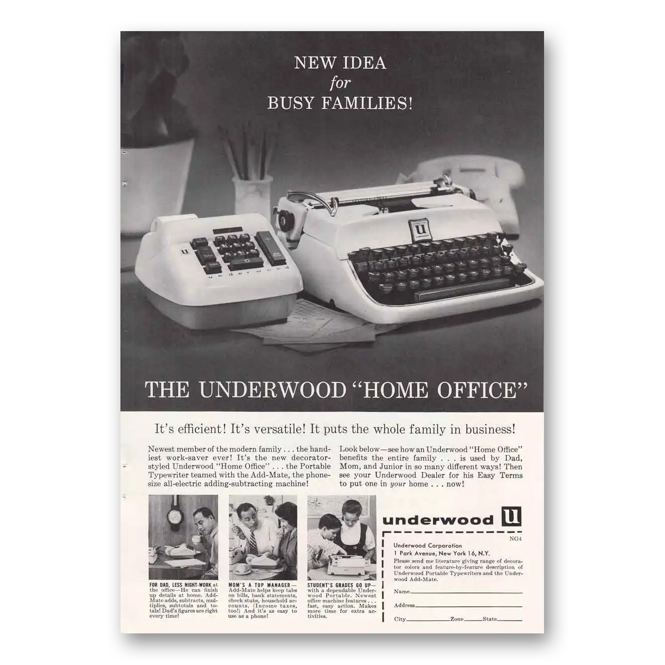 1960 Underwood Home Office Vintage Magazine Print Ad