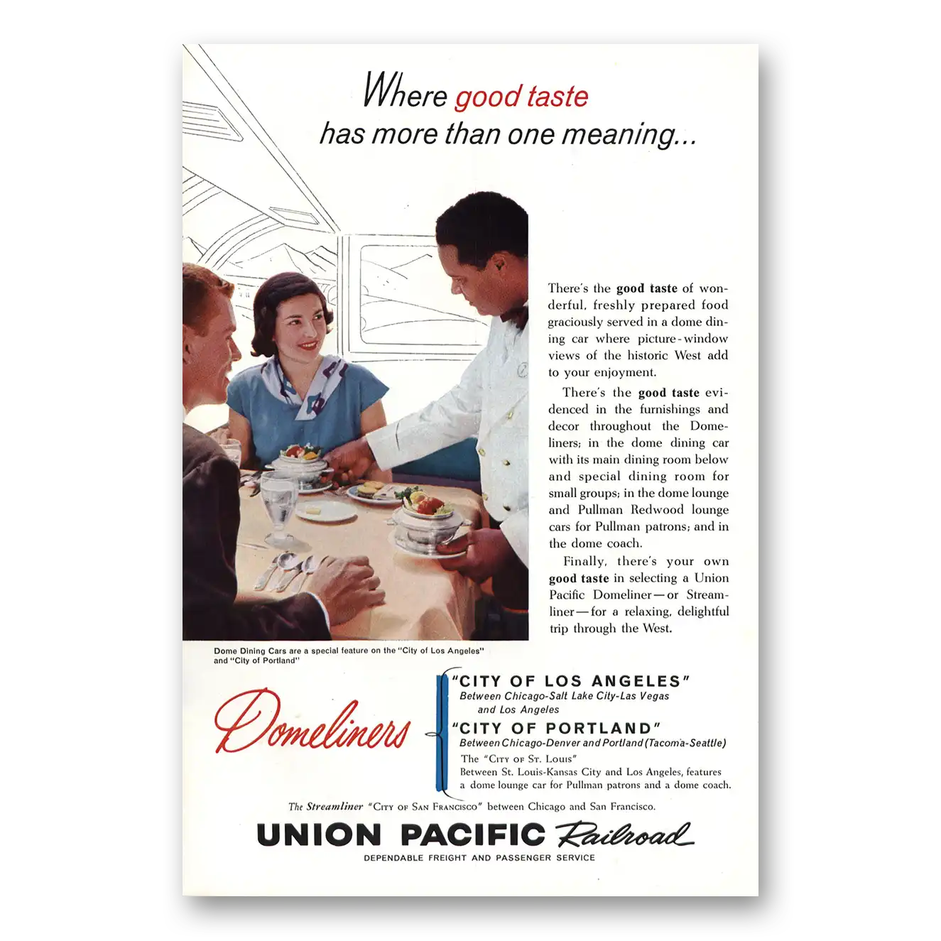 1960 Union Pacific Railroad Good Taste Dome Dining Cars Vintage Magazine Print Ad