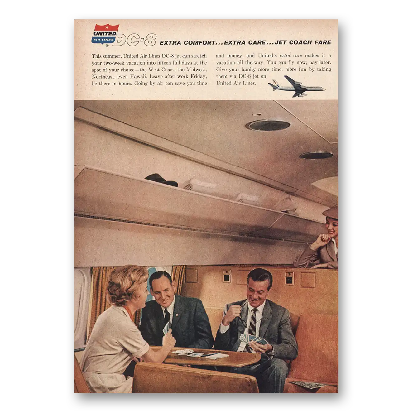 1960 United Airlines DC8 Extra Comfort Care Vintage Magazine Print Ad