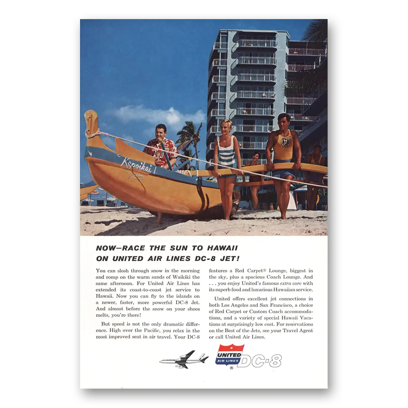 1960 United Airlines Race the Sun to Hawaii DC8 Jet Outrigger Waikiki Vintage Magazine Print Ad