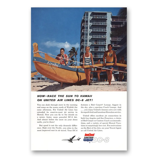 1960 United Airlines Race the Sun to Hawaii DC8 Jet Outrigger Waikiki Vintage Magazine Print Ad