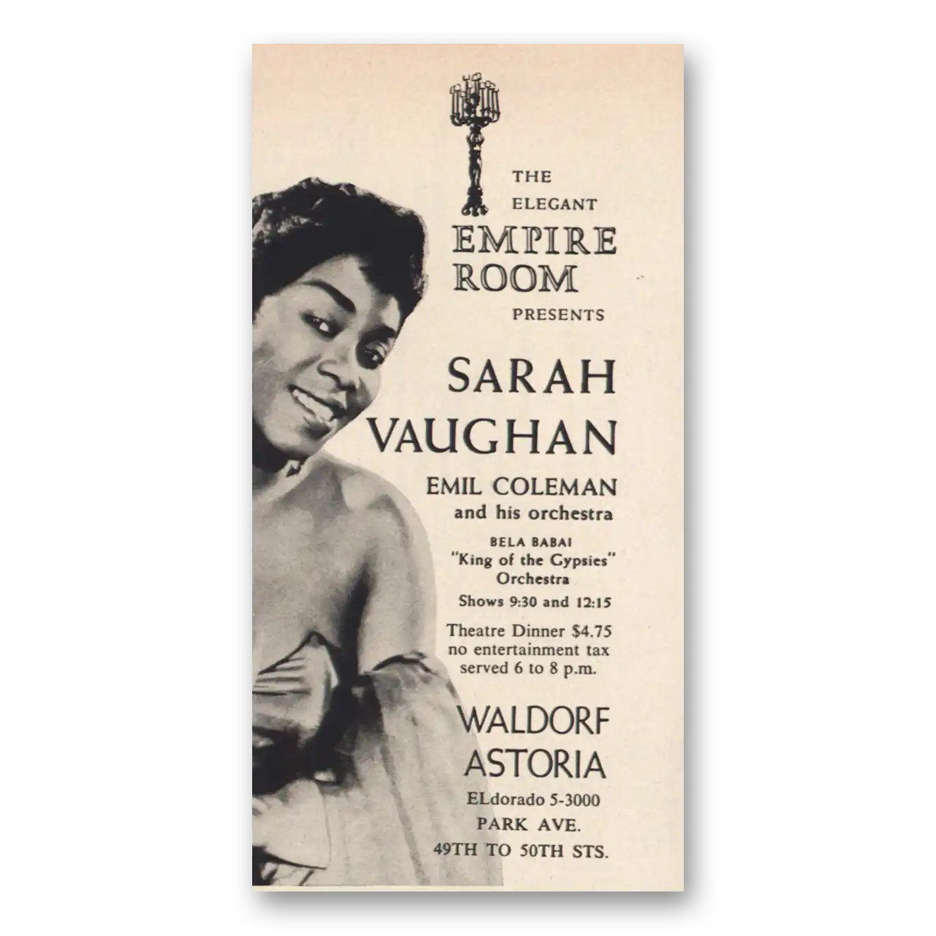 1960 Waldorf Astoria Empire Room Waldorf Astoria Sarah Vaughan Vintage Magazine Print Ad