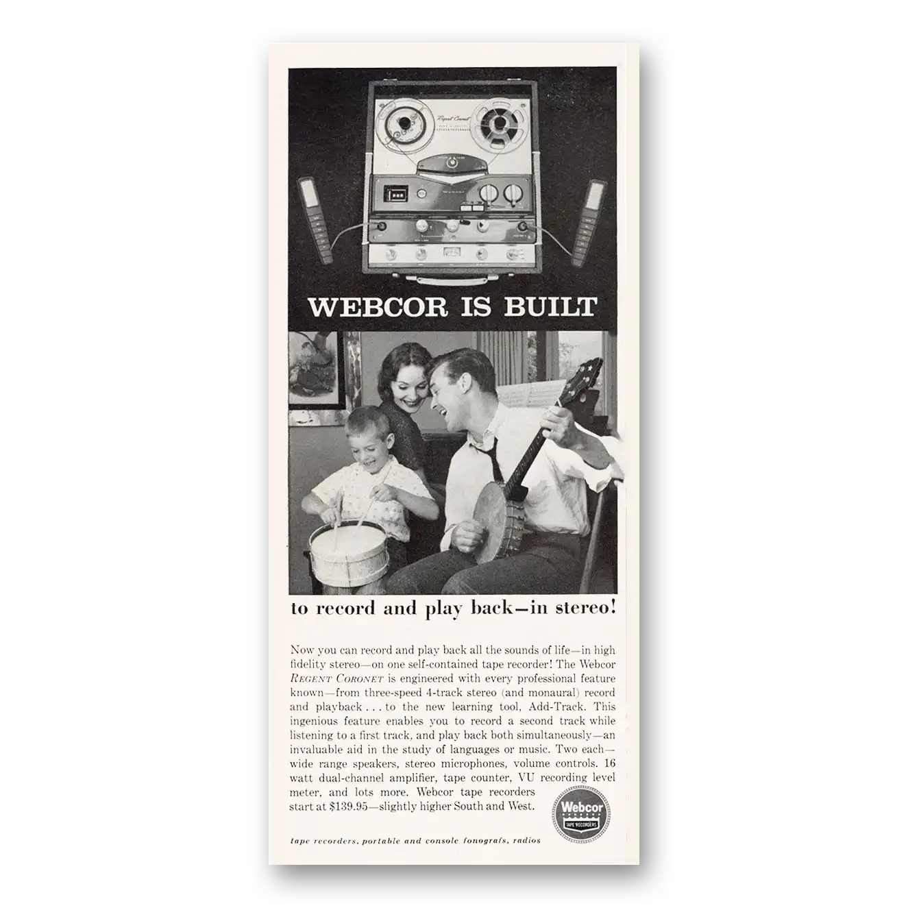 1960 Webcor Stereo Built to Record and Play Back Banjo Vintage Magazine Print Ad