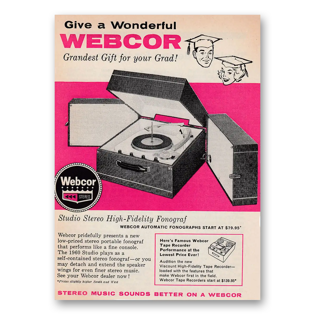 1960 Webcor Stereo Fonograf Grandest Gift For Your Grad Vintage Magazine Print Ad