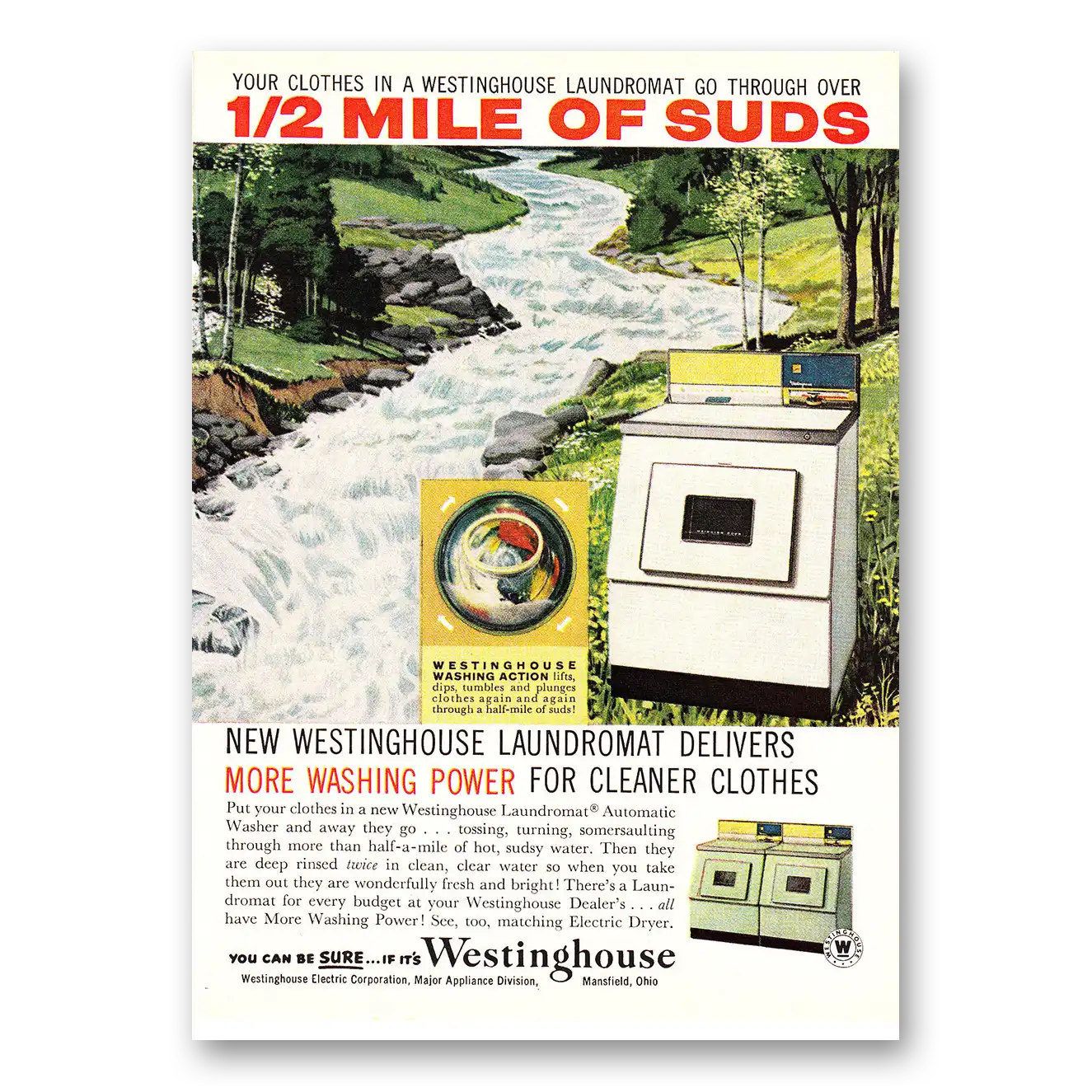 1960 Westinghouse Washer Laundromat 1/2 Mile of Suds Vintage Magazine Print Ad