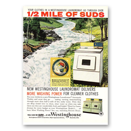 1960 Westinghouse Washer Laundromat 1/2 Mile of Suds Vintage Magazine Print Ad