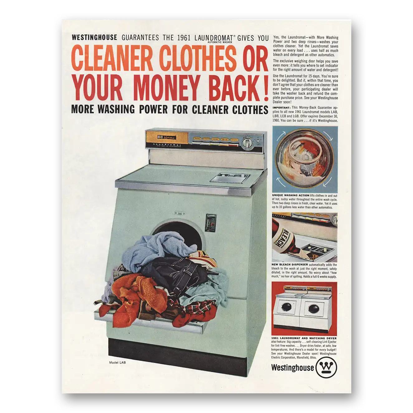 1960 Westinghouse Washer More Washing Power Vintage Magazine Print Ad