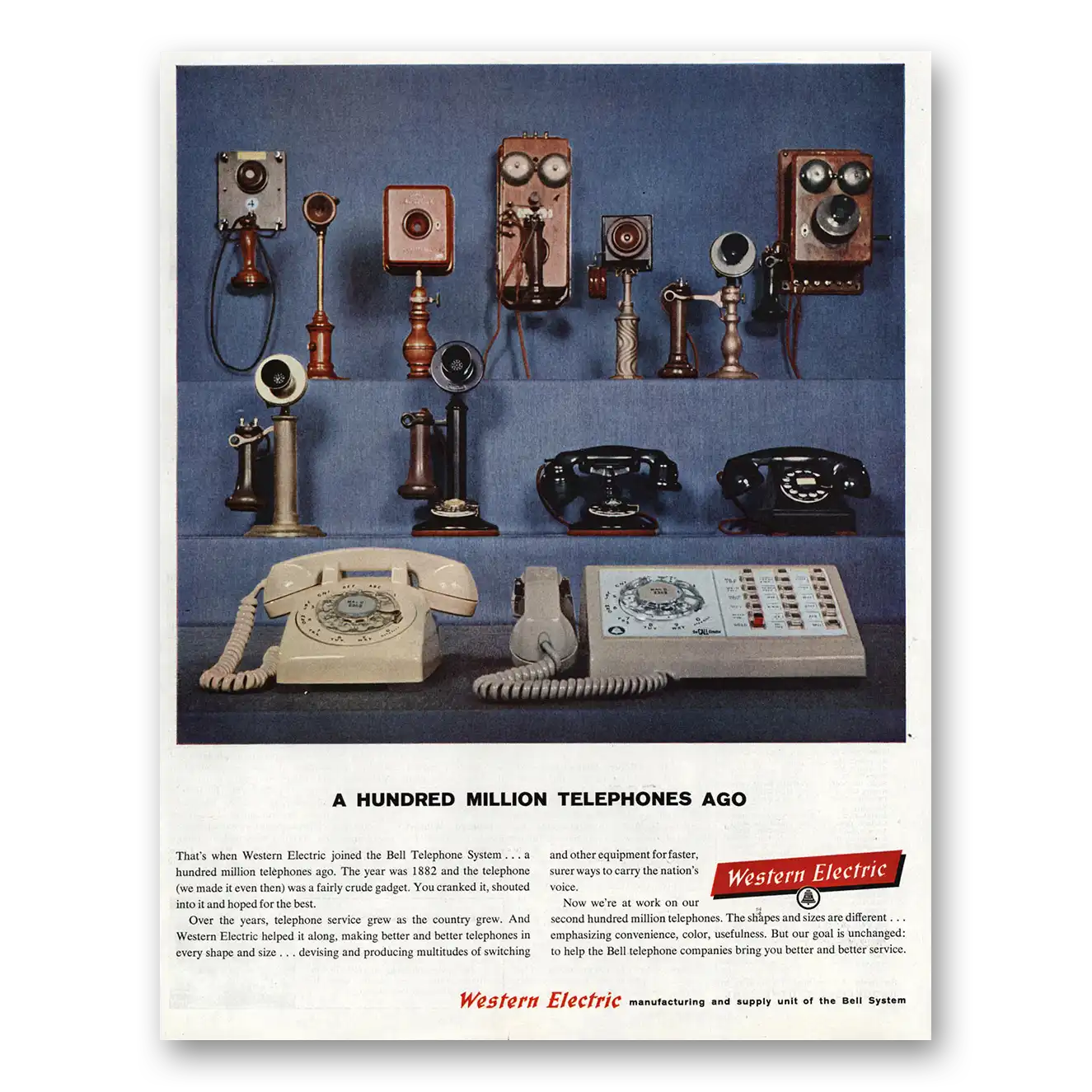 1960 Western Electric Hundred Million Telephones Ago Vintage Magazine Print Ad