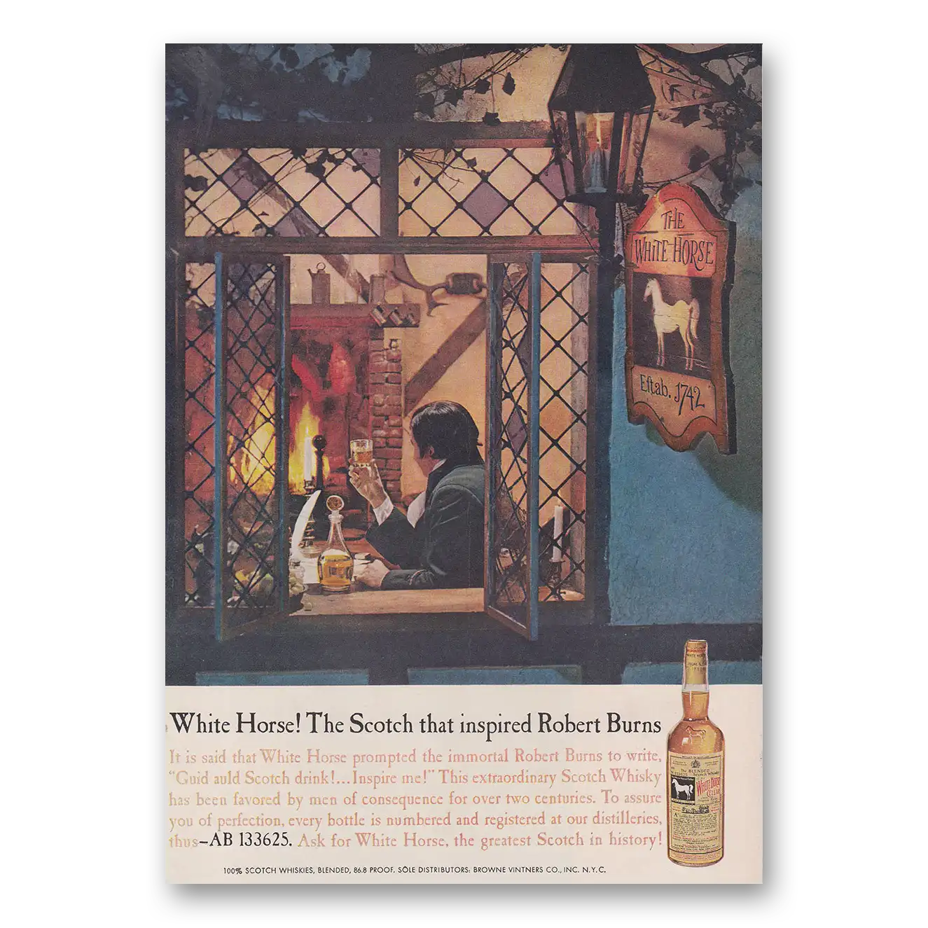 1960 White Horse Scotch Whisky Inspired Robert Burns Vintage Magazine Print Ad